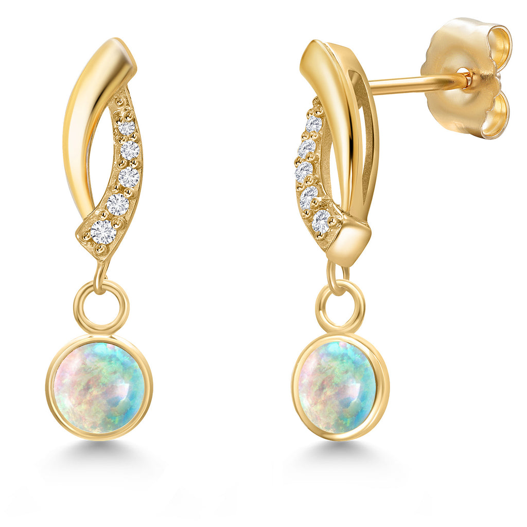 White Simulated Opal-Cabochon - October_Earrings in 14K Yellow Gold