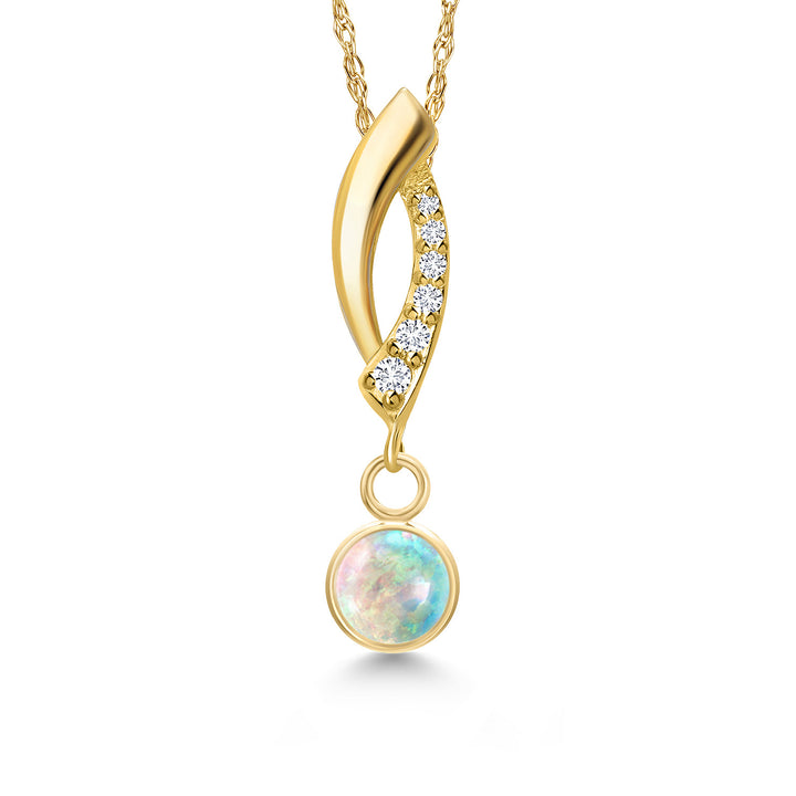 White Simulated Opal-Cabochon - October_Pendant in 14K Yellow Gold