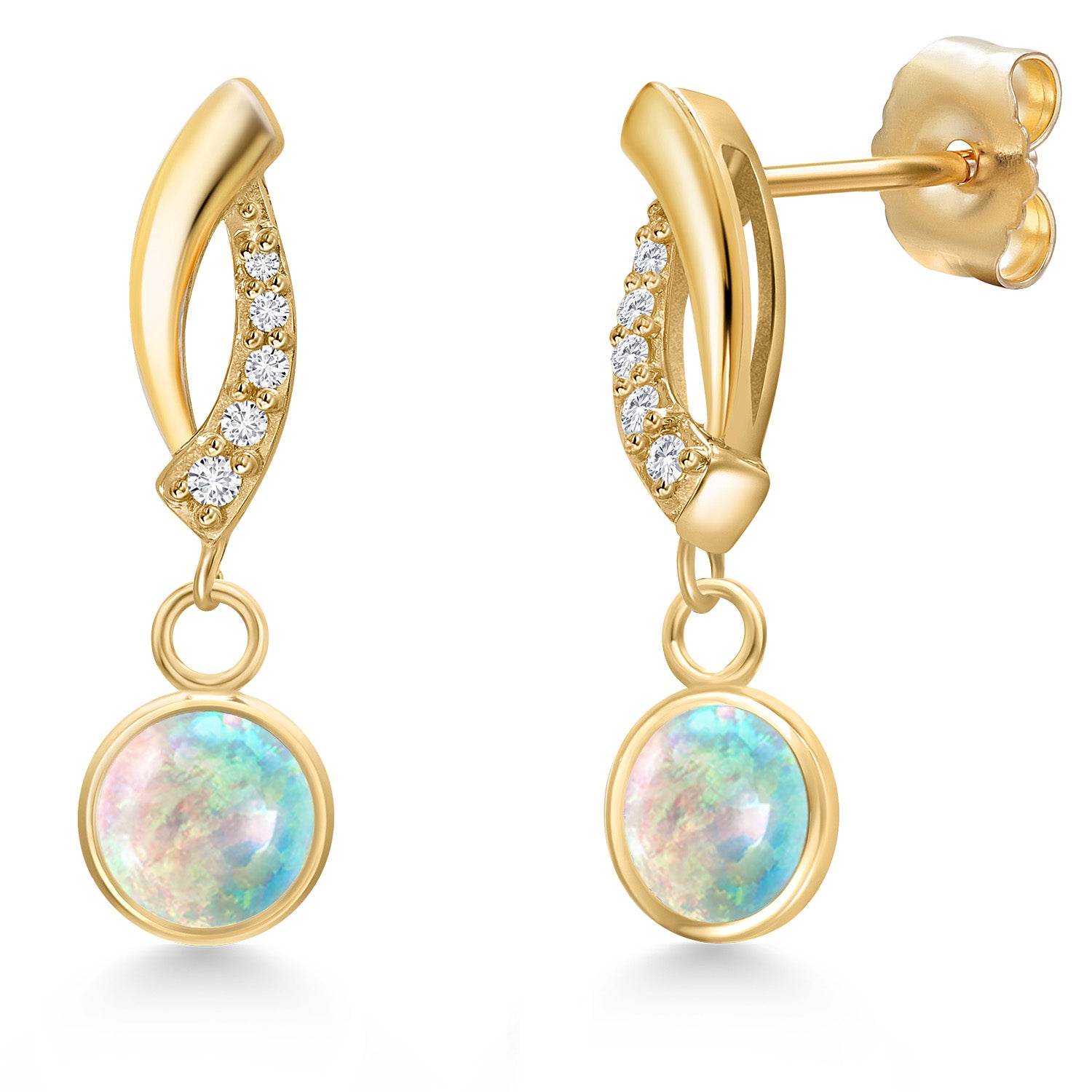 White Simulated Opal-Cabochon - October_Earrings in 14K Yellow Gold