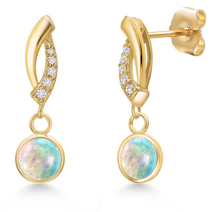 White Simulated Opal-Cabochon - October_Earrings in 14K Yellow Gold