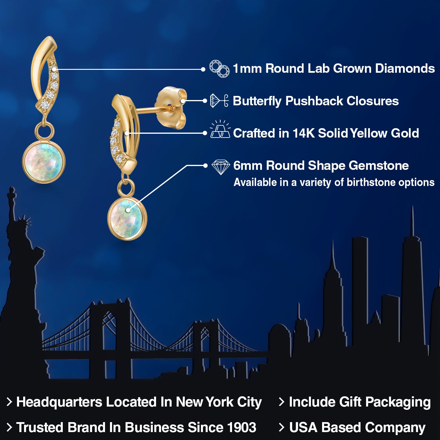 White Simulated Opal-Cabochon - October_Earrings in 14K Yellow Gold