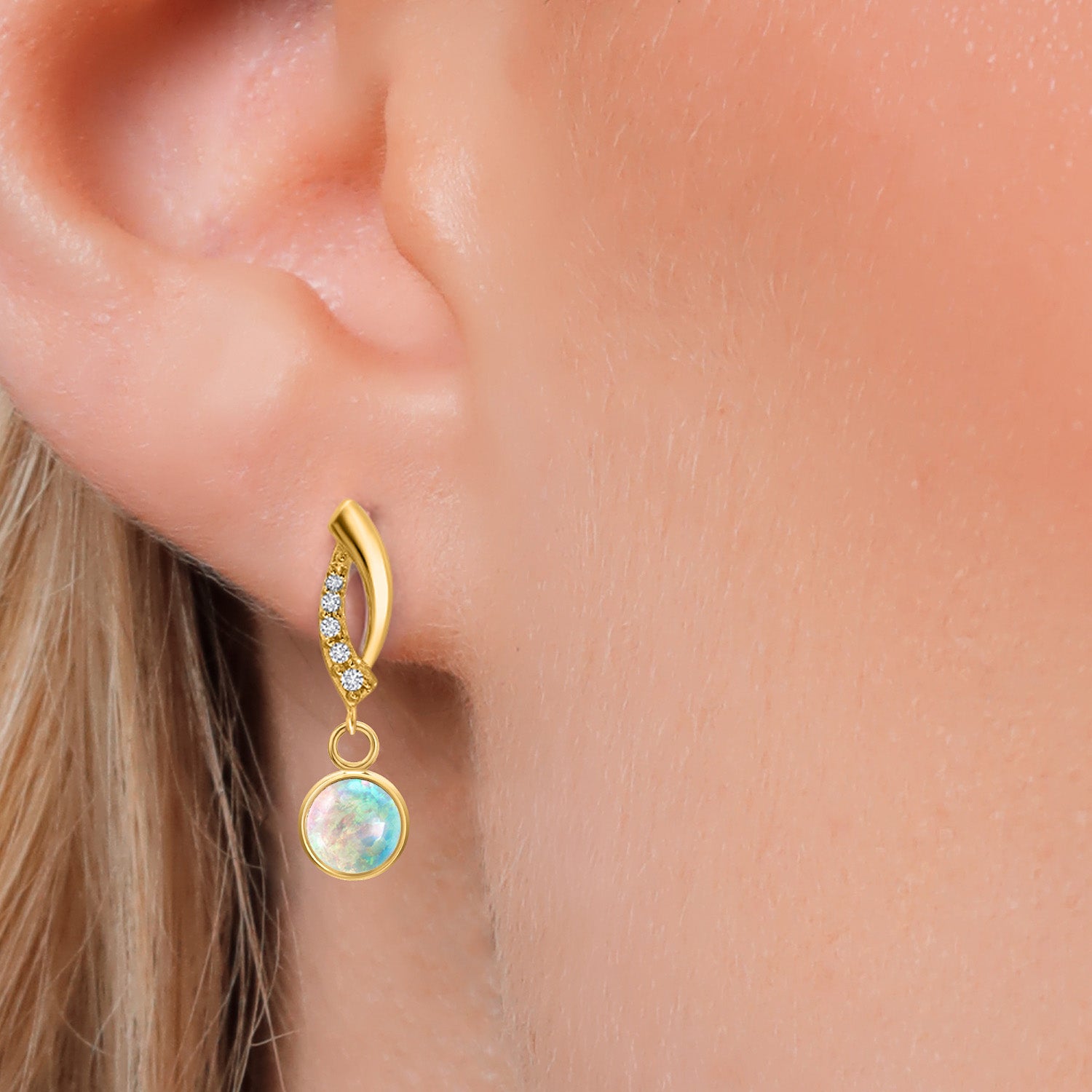 White Simulated Opal-Cabochon - October_Earrings in 14K Yellow Gold
