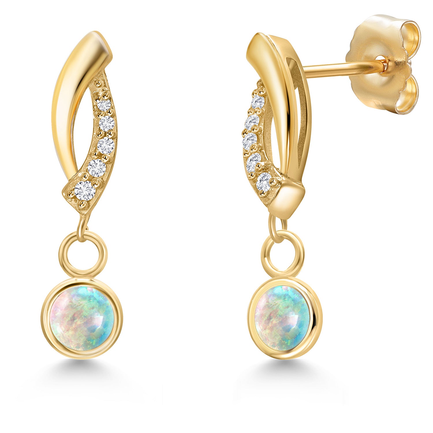 White Simulated Opal-Cabochon - October_Earrings in 14K Yellow Gold