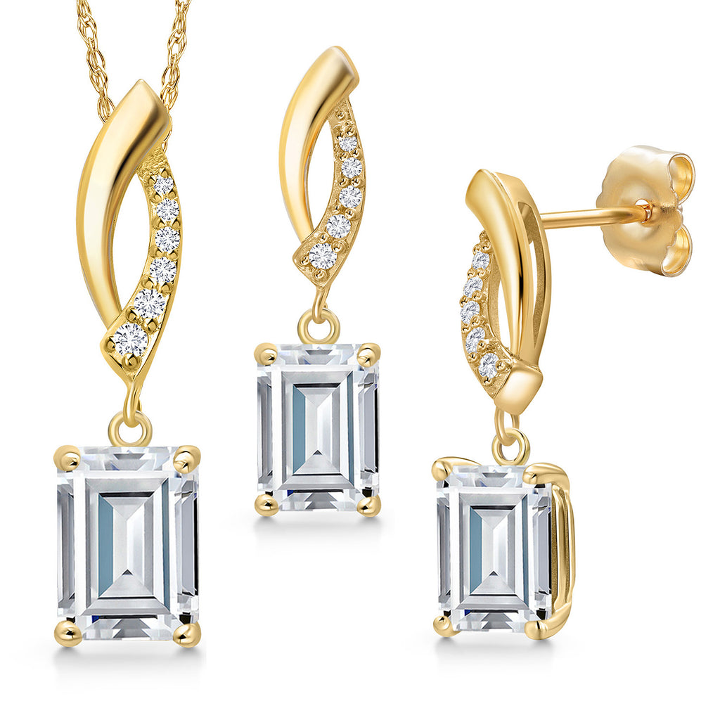 White Moissanite - April_Pendant Earrings Set in 14K Yellow Gold