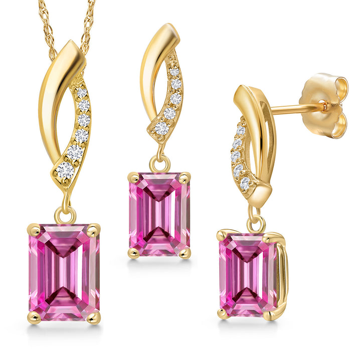 Pink Moissanite - April_Pendant Earrings Set in 14K Yellow Gold