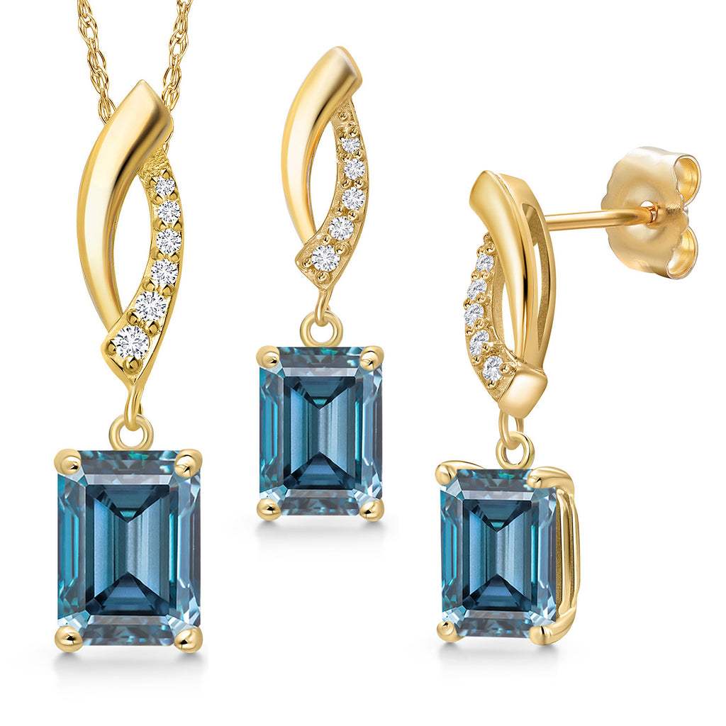 Persian Blue Moissanite - April_Pendant Earrings Set in 14K Yellow Gold