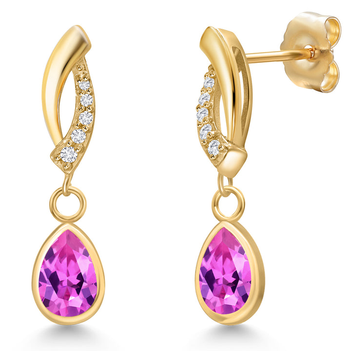 Pink Created Sapphire - September_Earrings in 14K Yellow Gold