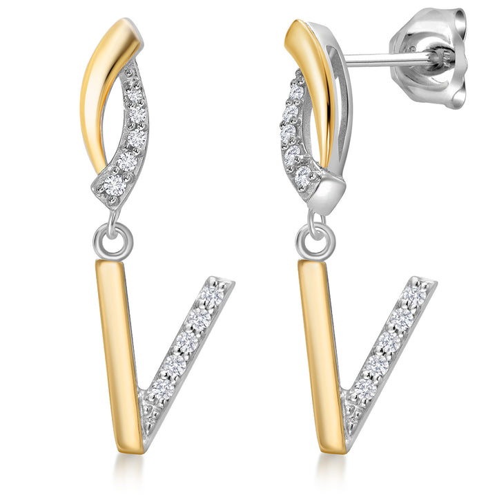 Initial V_Earrings in 925 Sterling Silver and 10K Yellow Gold