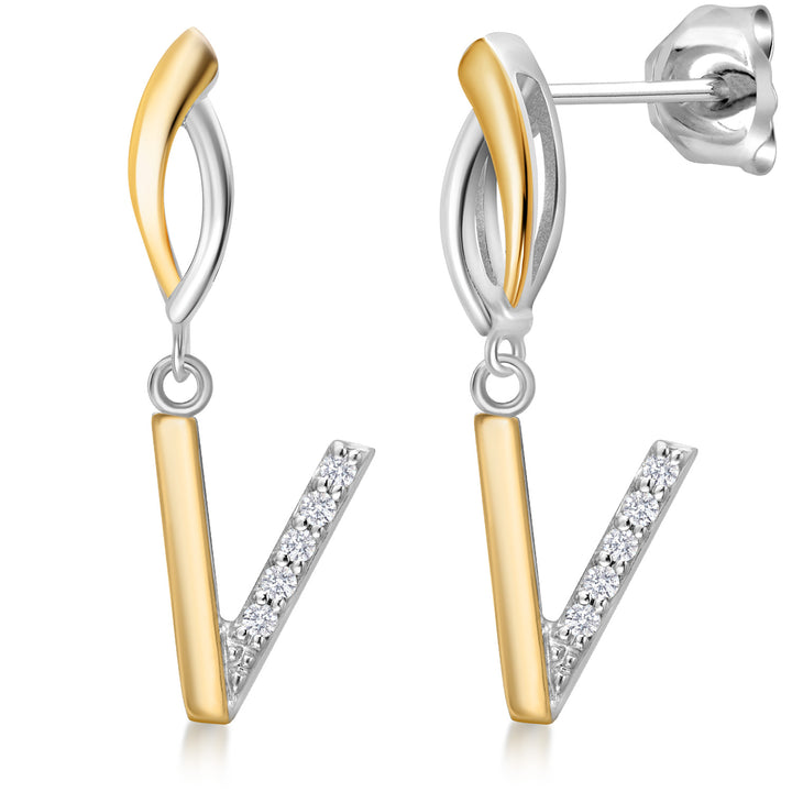 Initial V_Earrings in 925 Sterling Silver and 10K Yellow Gold