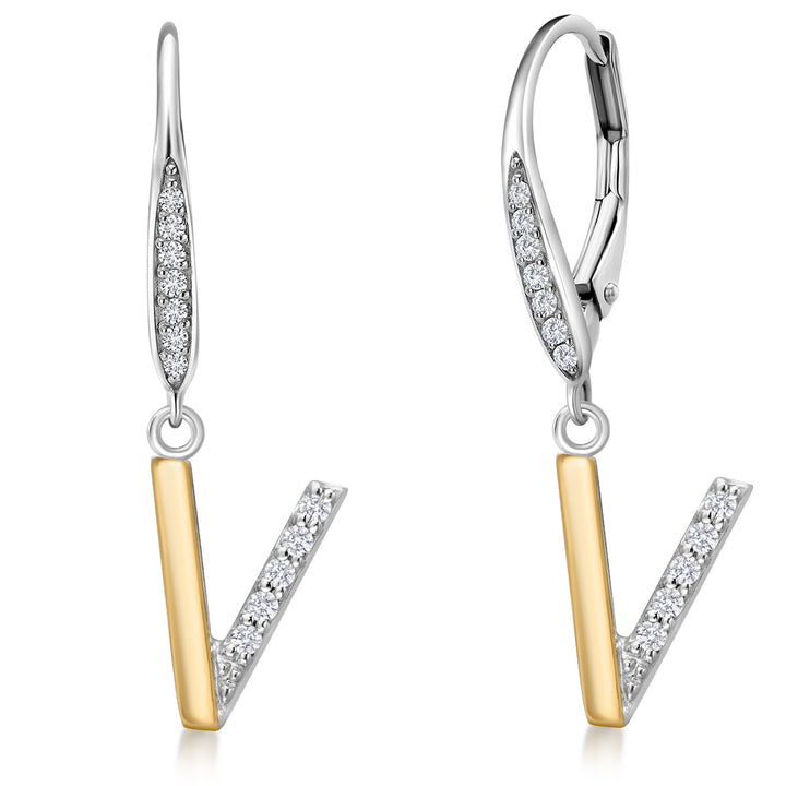 Initial V_Earrings in 925 Sterling Silver and 10K Yellow Gold