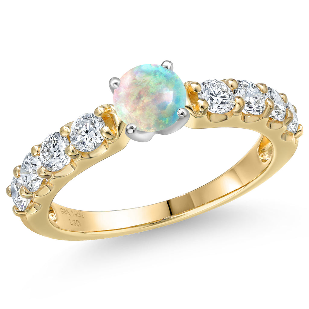 White Simulated Opal-Cabochon - October_9_Ring in 14K Two Tone Gold