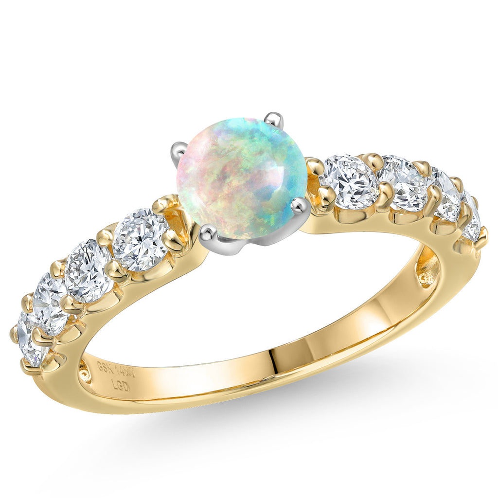 White Simulated Opal-Cabochon - October_9_Ring in 14K Two Tone Gold