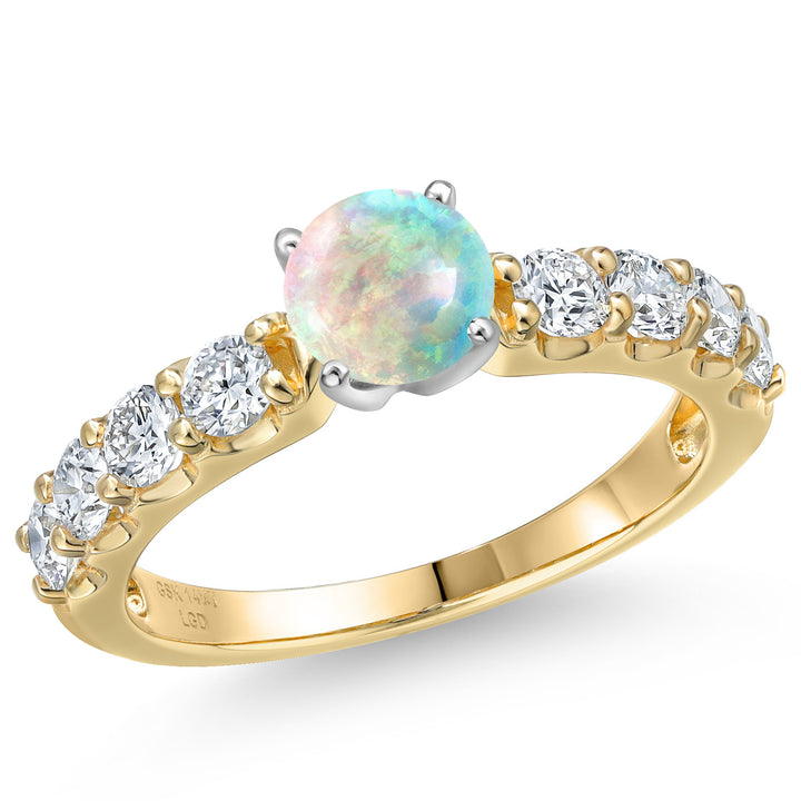 White Simulated Opal-Cabochon - October_9_Ring in 14K Two Tone Gold
