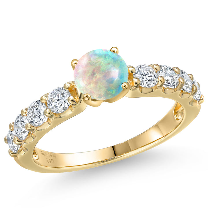 White Simulated Opal-Cabochon - October_5_Ring in 14K Yellow Gold