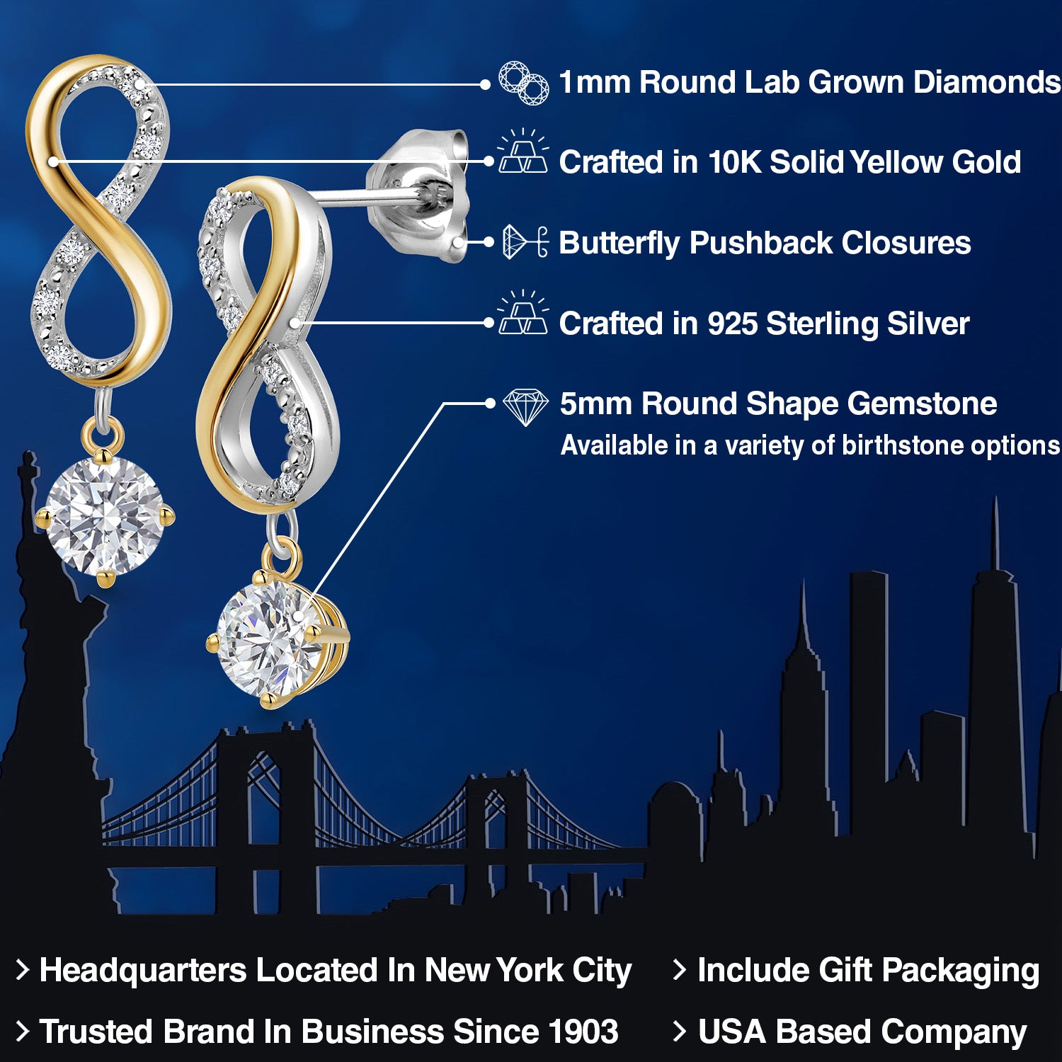 Earrings in 925 Sterling Silver and 10K Yellow Gold