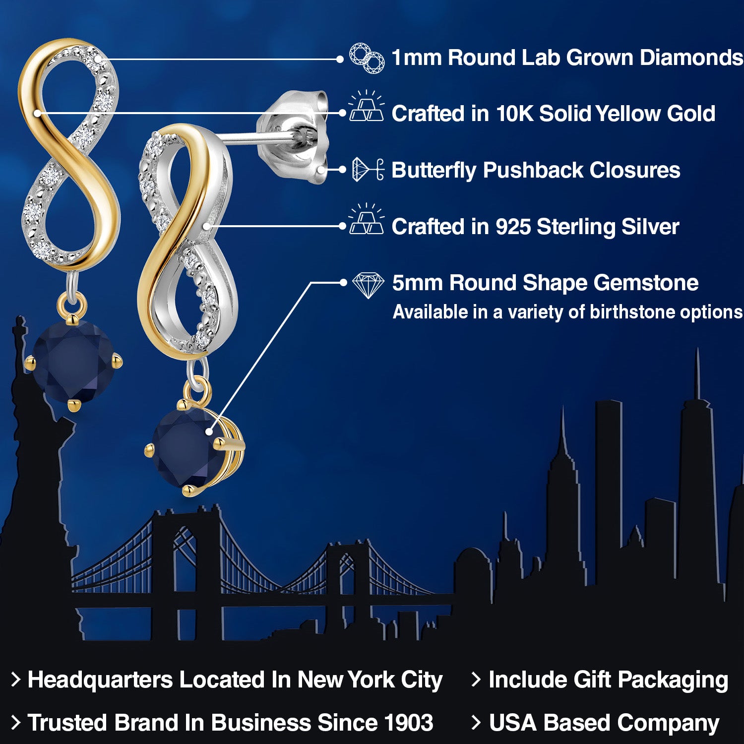 Earrings in 925 Sterling Silver and 10K Yellow Gold