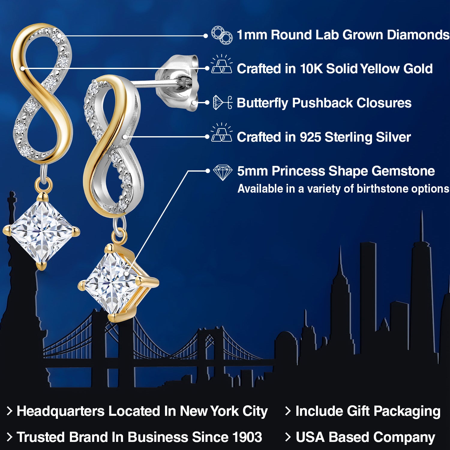 Earrings in 925 Sterling Silver and 10K Yellow Gold