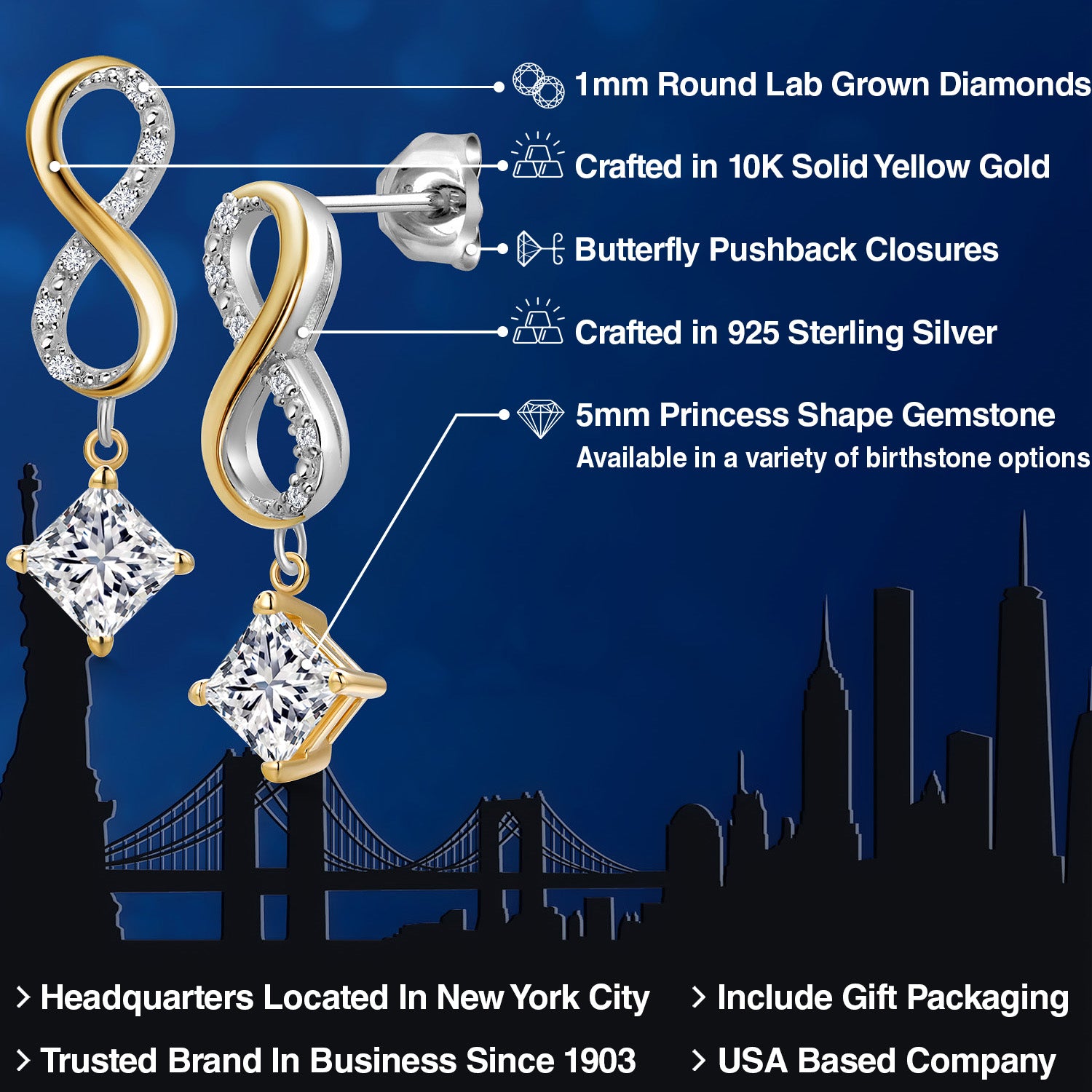 Earrings in 925 Sterling Silver and 10K Yellow Gold