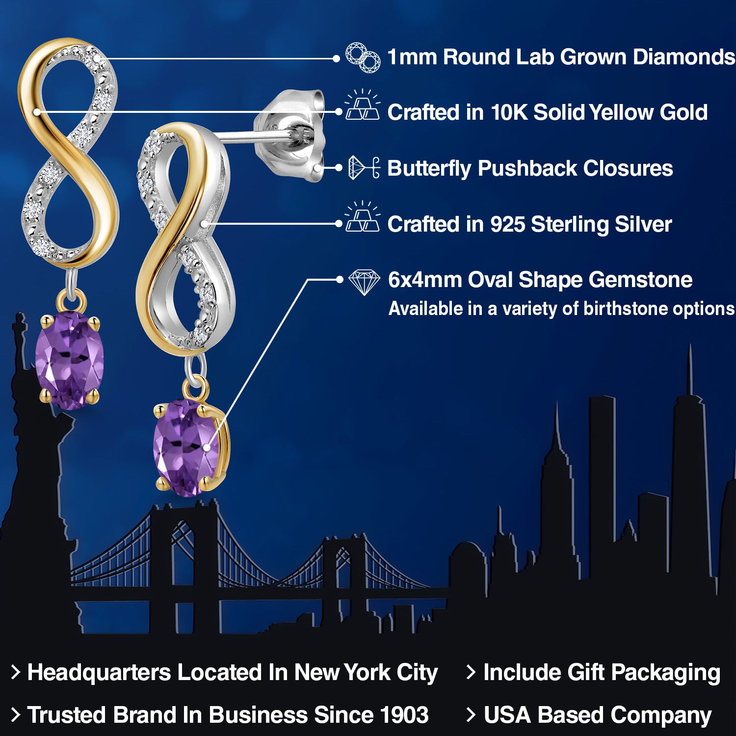 Earrings in 925 Sterling Silver and 10K Yellow Gold