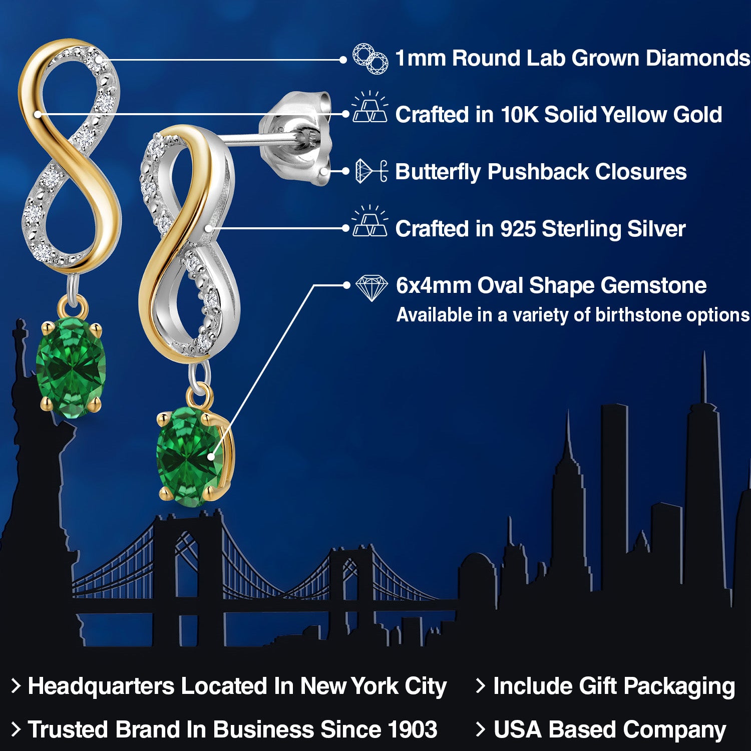 Earrings in 925 Sterling Silver and 10K Yellow Gold