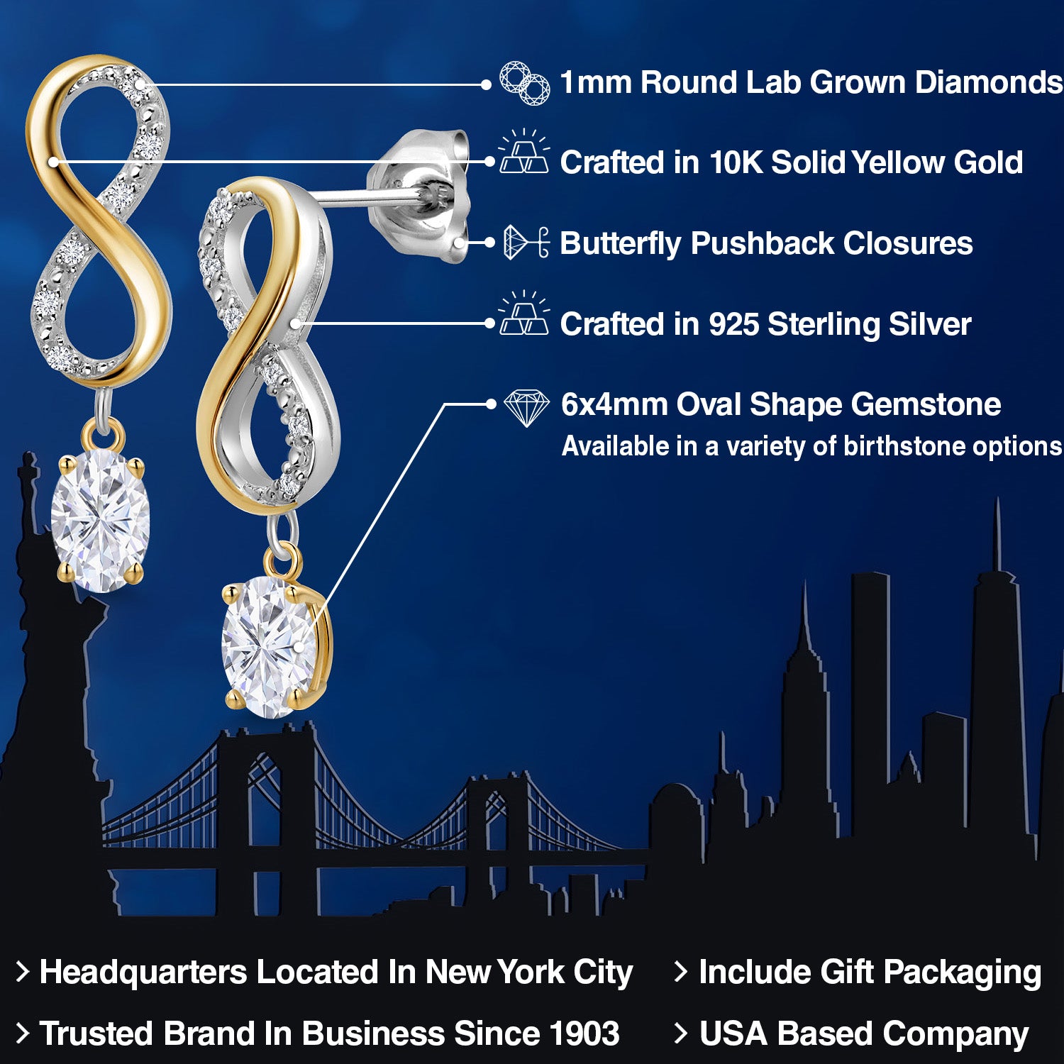 Earrings in 925 Sterling Silver and 10K Yellow Gold