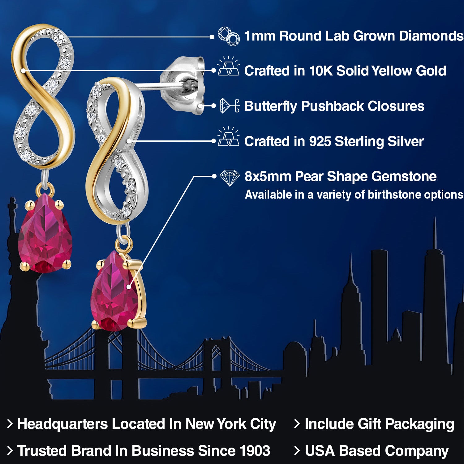 Earrings in 925 Sterling Silver and 10K Yellow Gold