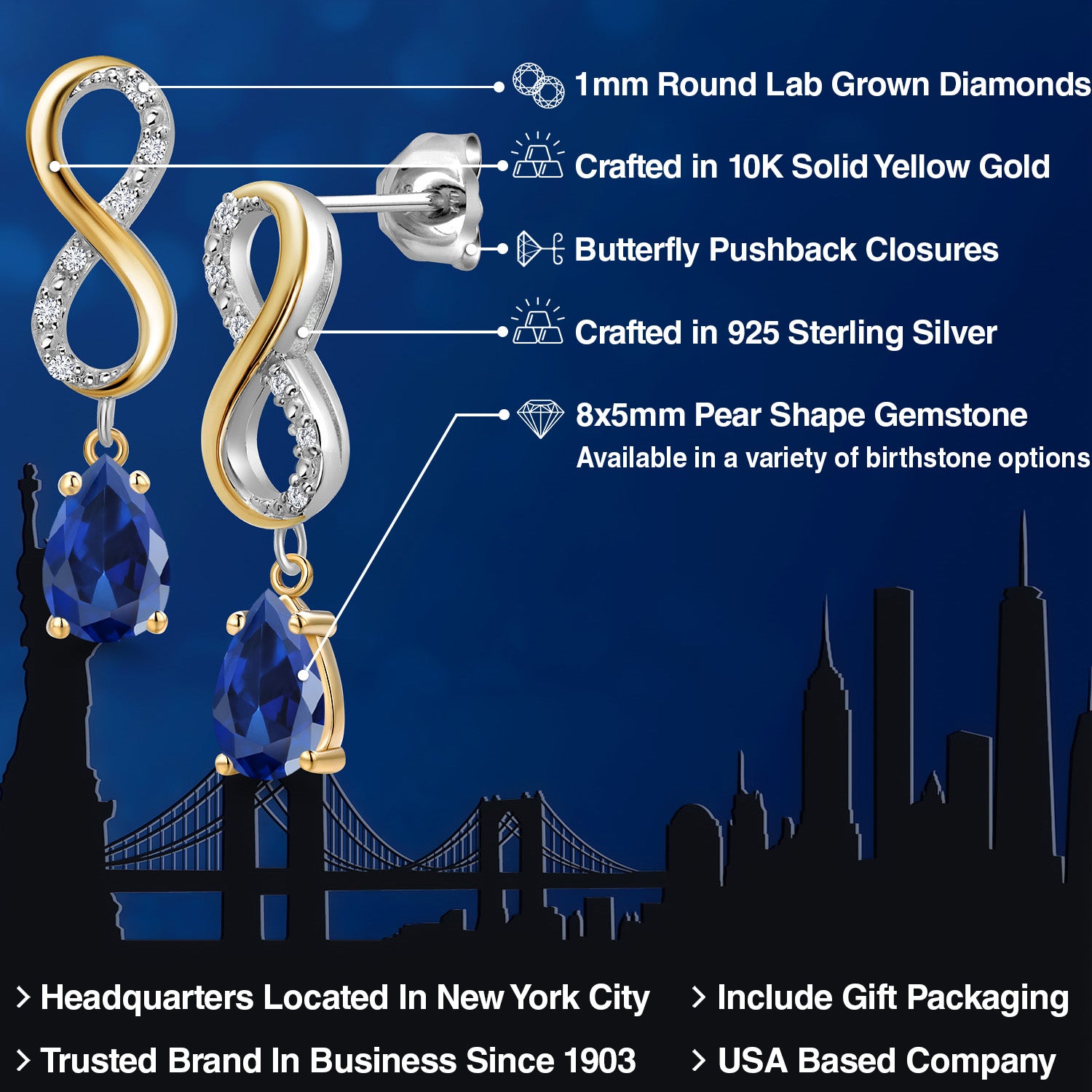 Earrings in 925 Sterling Silver and 10K Yellow Gold