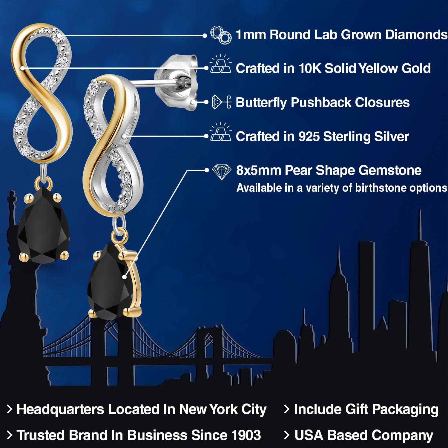 Earrings in 925 Sterling Silver and 10K Yellow Gold