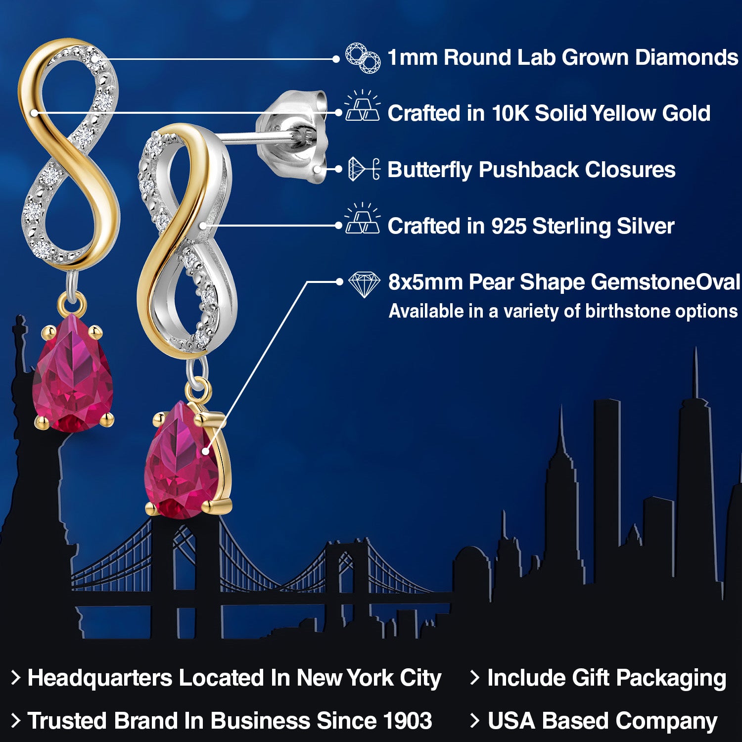 Earrings in 925 Sterling Silver and 10K Yellow Gold