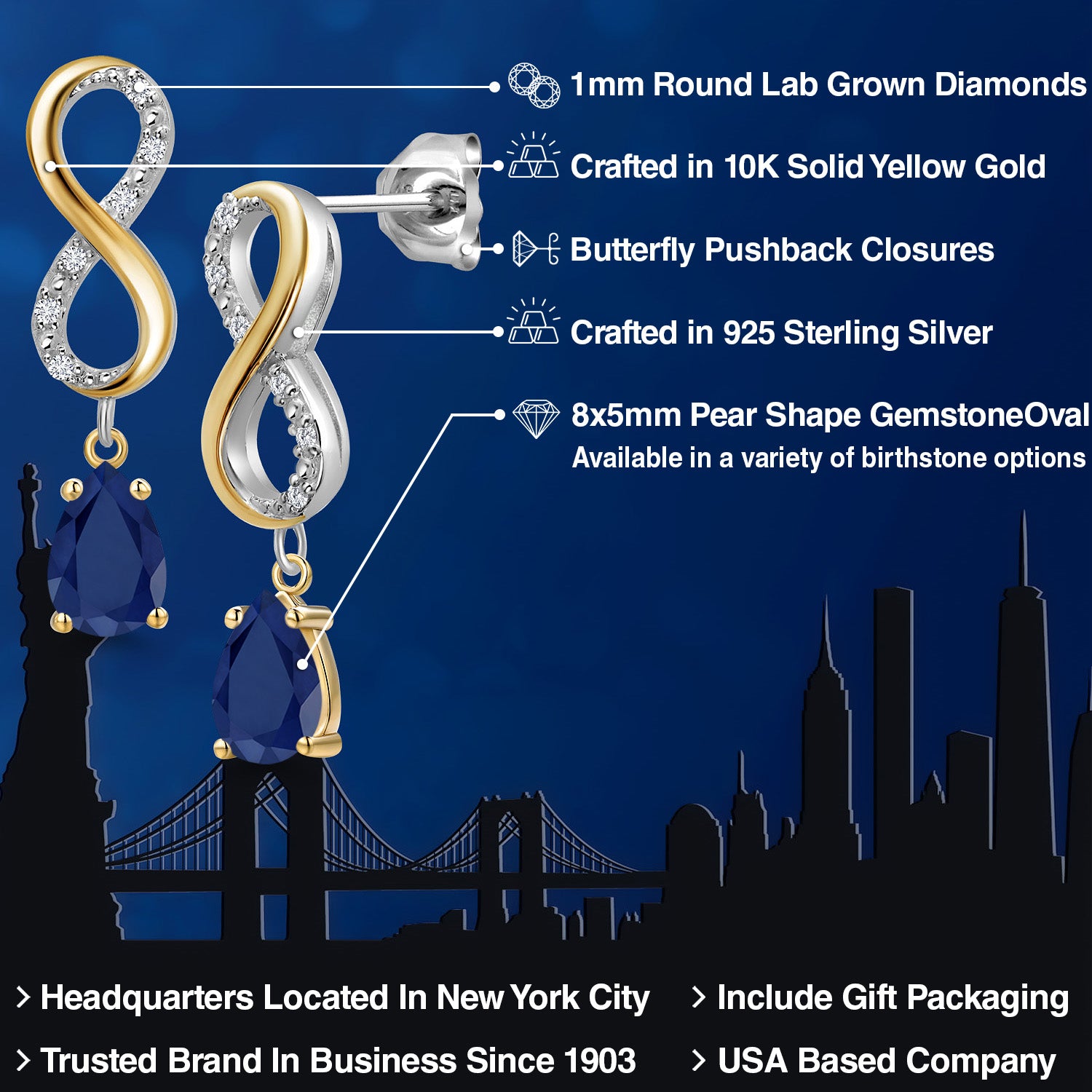 Earrings in 925 Sterling Silver and 10K Yellow Gold