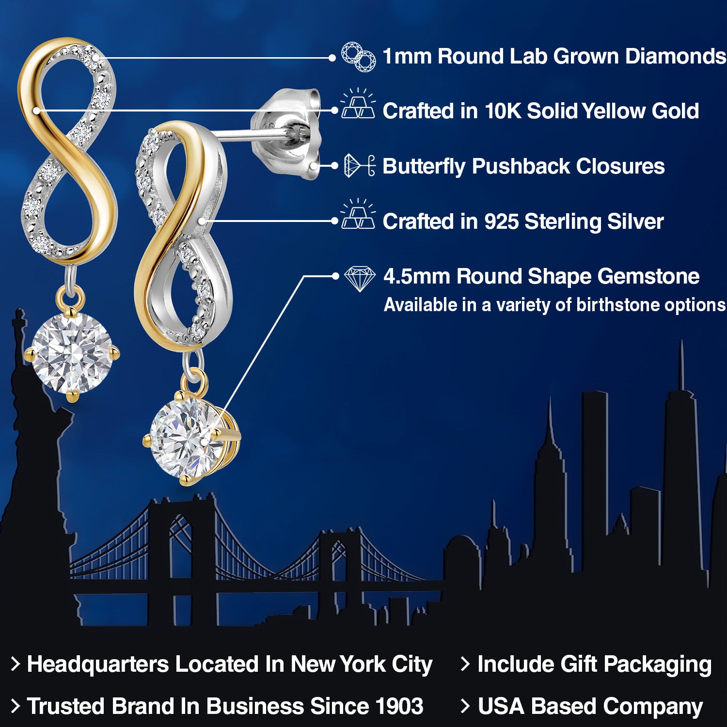 Earrings in 925 Sterling Silver and 10K Yellow Gold