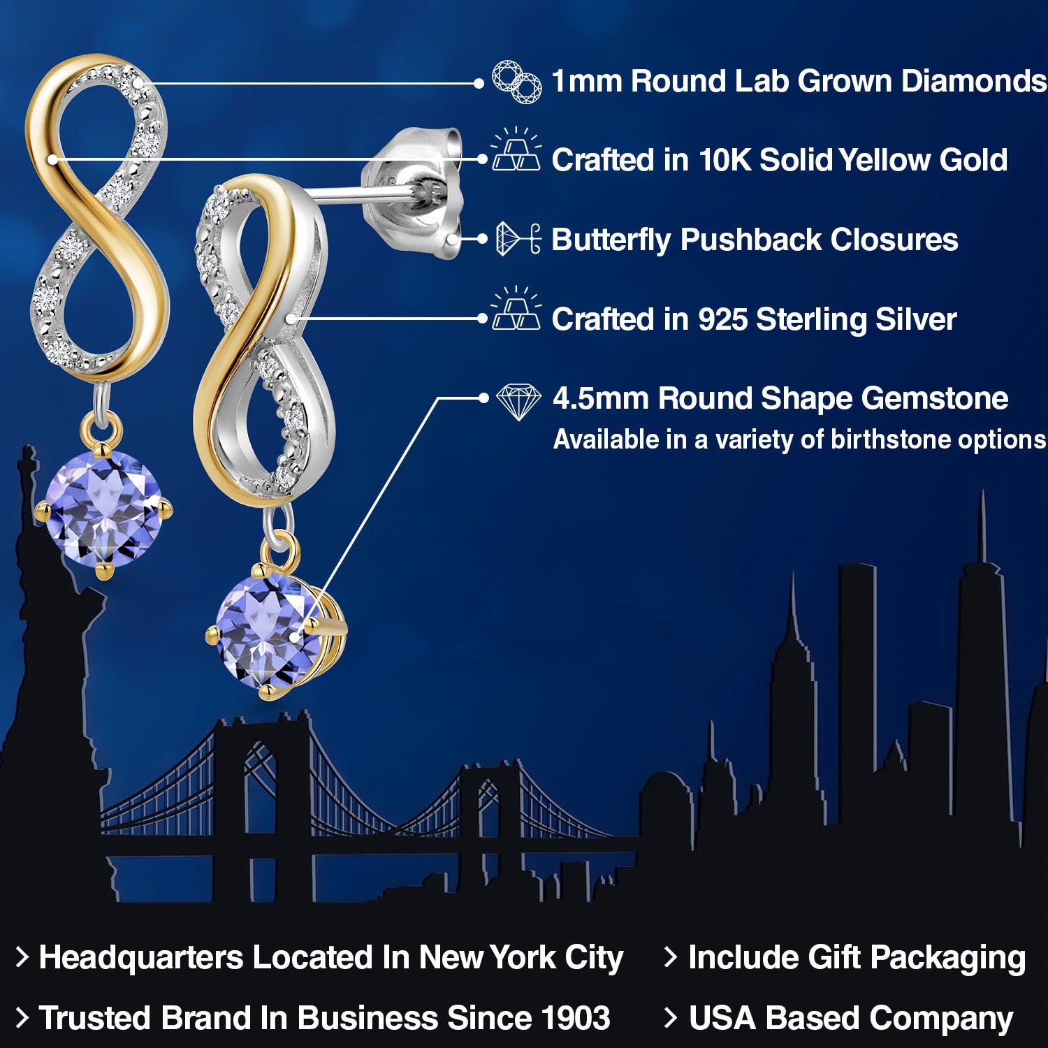 Earrings in 925 Sterling Silver and 10K Yellow Gold