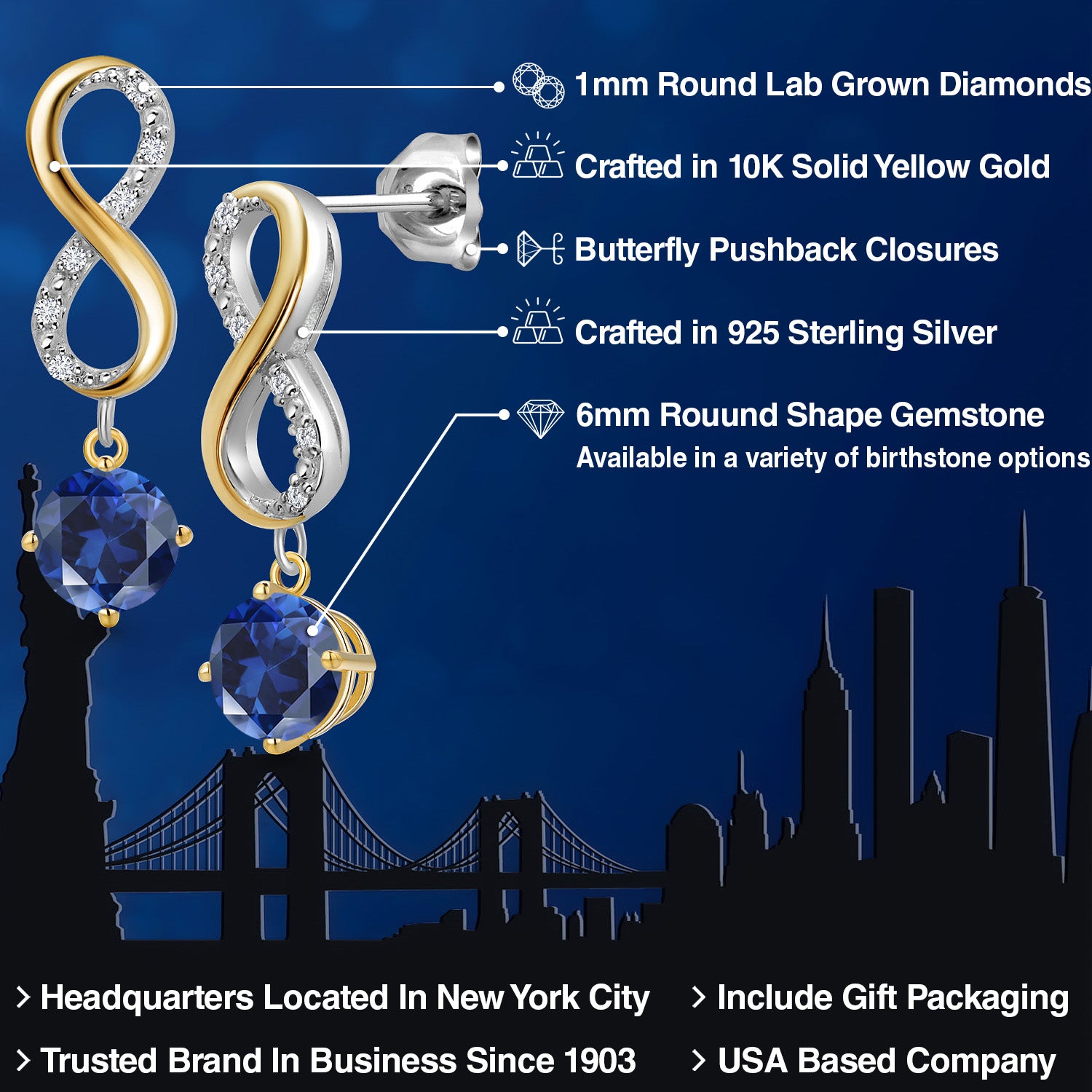 Earrings in 925 Sterling Silver and 10K Yellow Gold