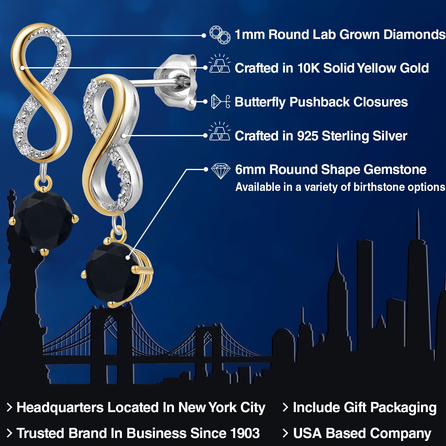 Earrings in 925 Sterling Silver and 10K Yellow Gold