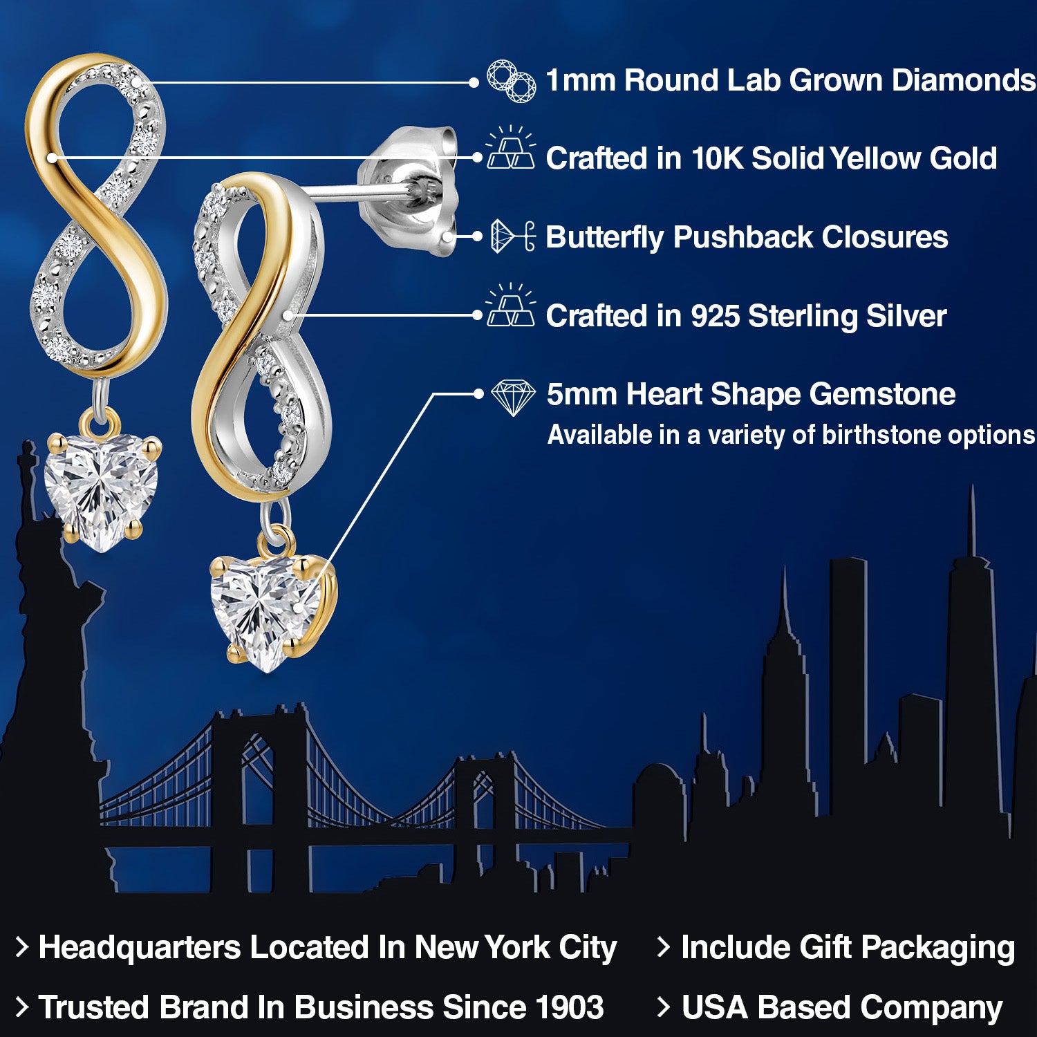 Earrings in 925 Sterling Silver and 10K Yellow Gold