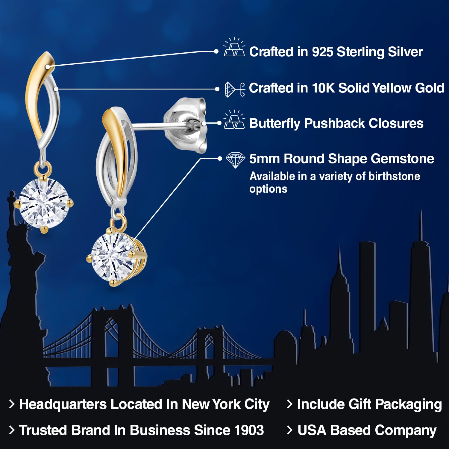 Earrings in 925 Sterling Silver and 10K Yellow Gold