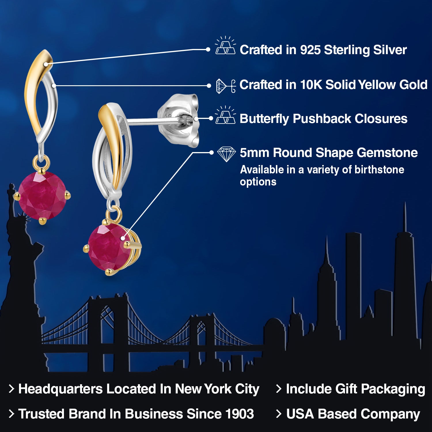 Earrings in 925 Sterling Silver and 10K Yellow Gold