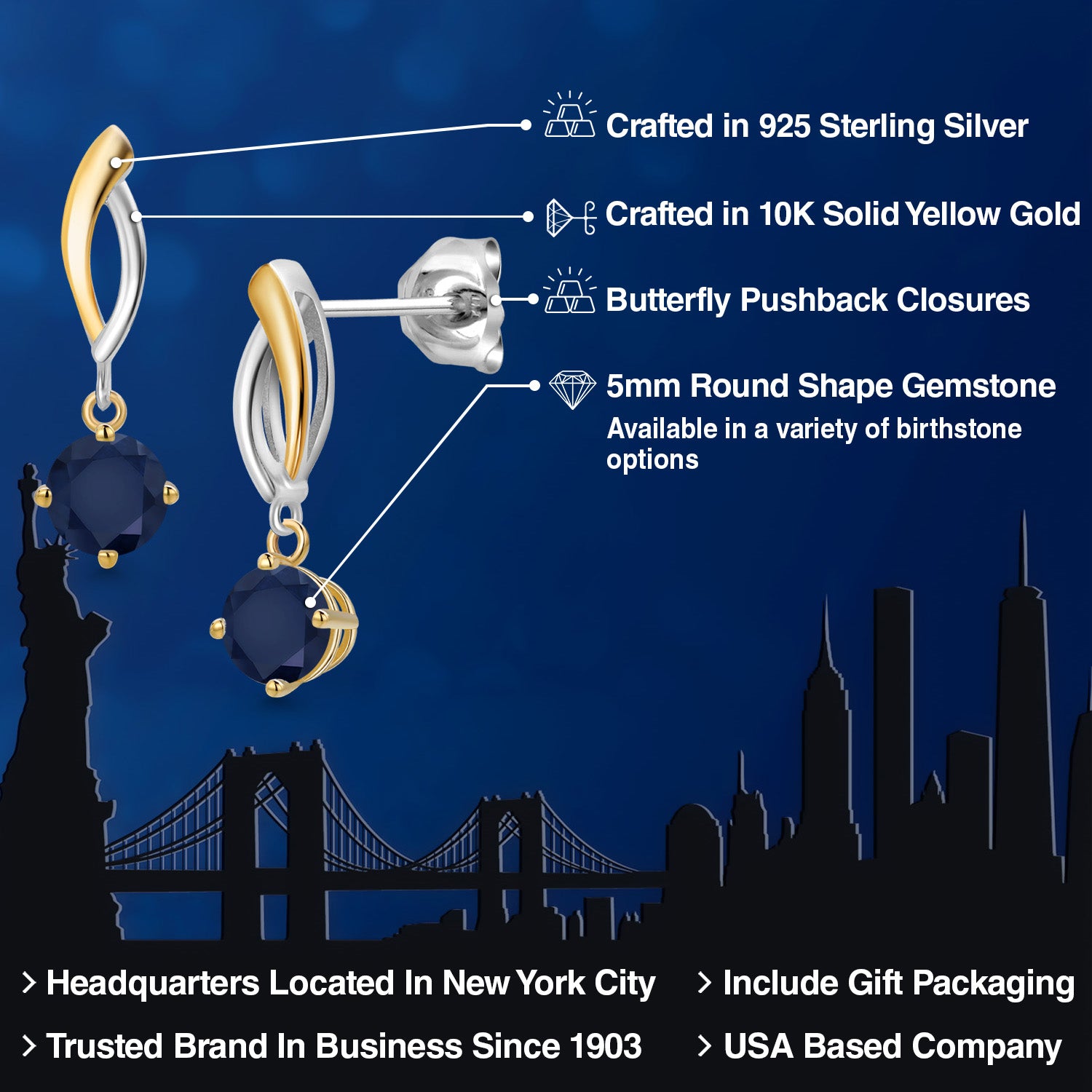 Earrings in 925 Sterling Silver and 10K Yellow Gold