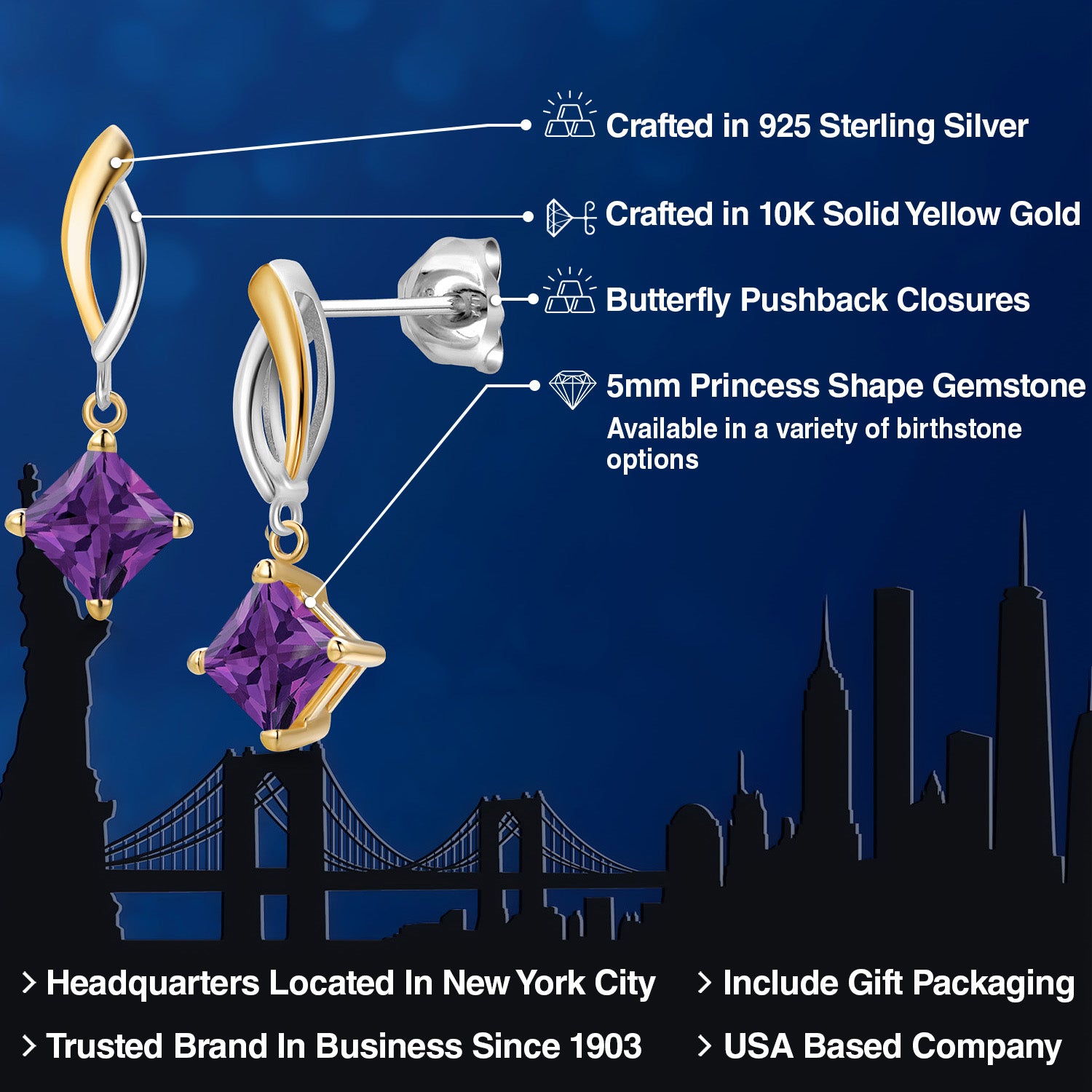 Earrings in 925 Sterling Silver and 10K Yellow Gold