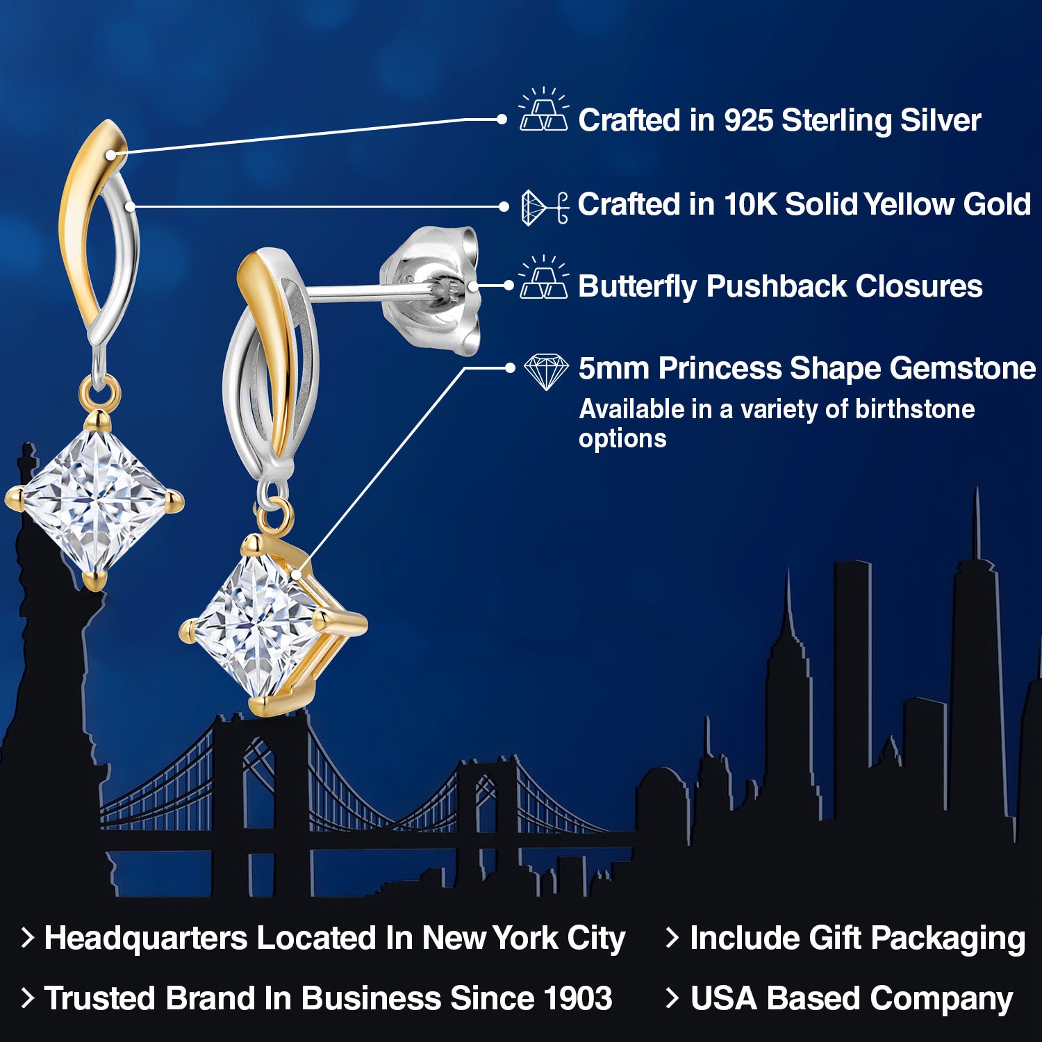 Earrings in 925 Sterling Silver and 10K Yellow Gold