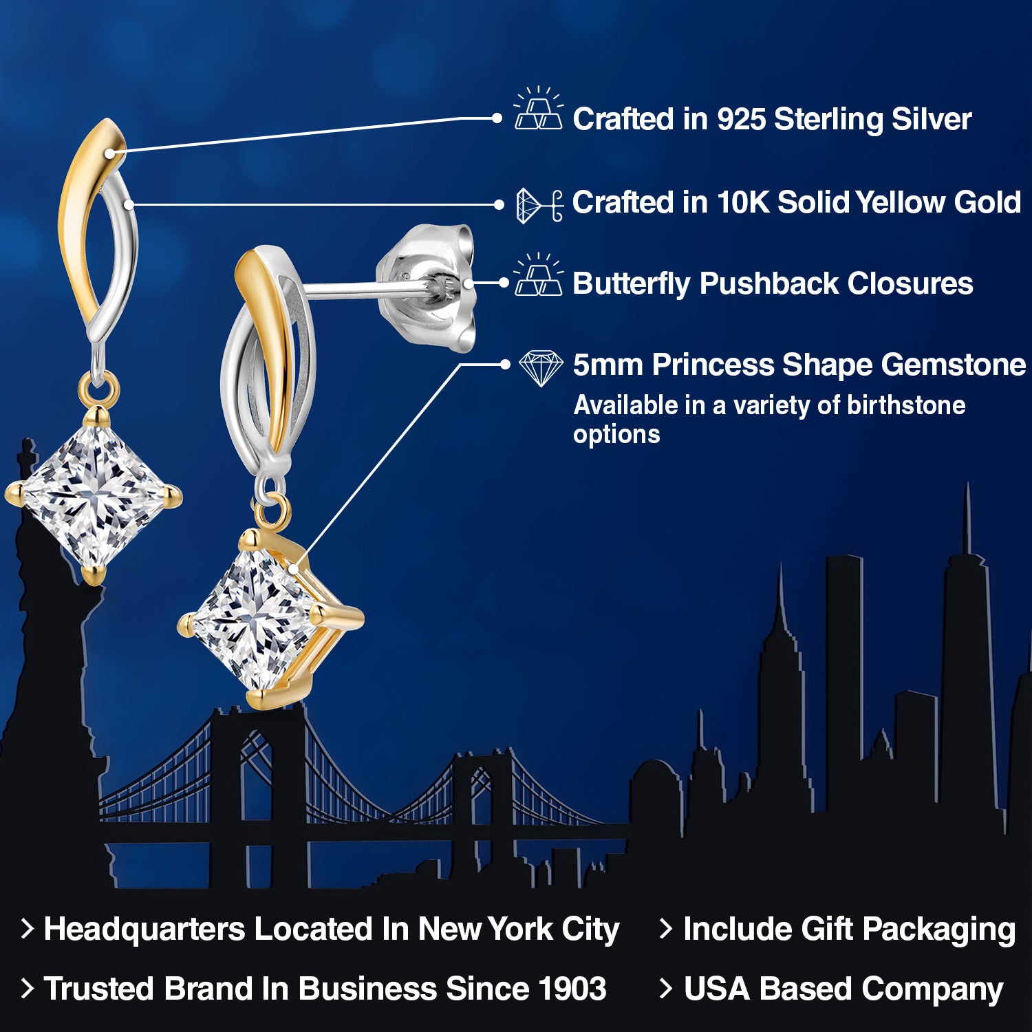 Earrings in 925 Sterling Silver and 10K Yellow Gold