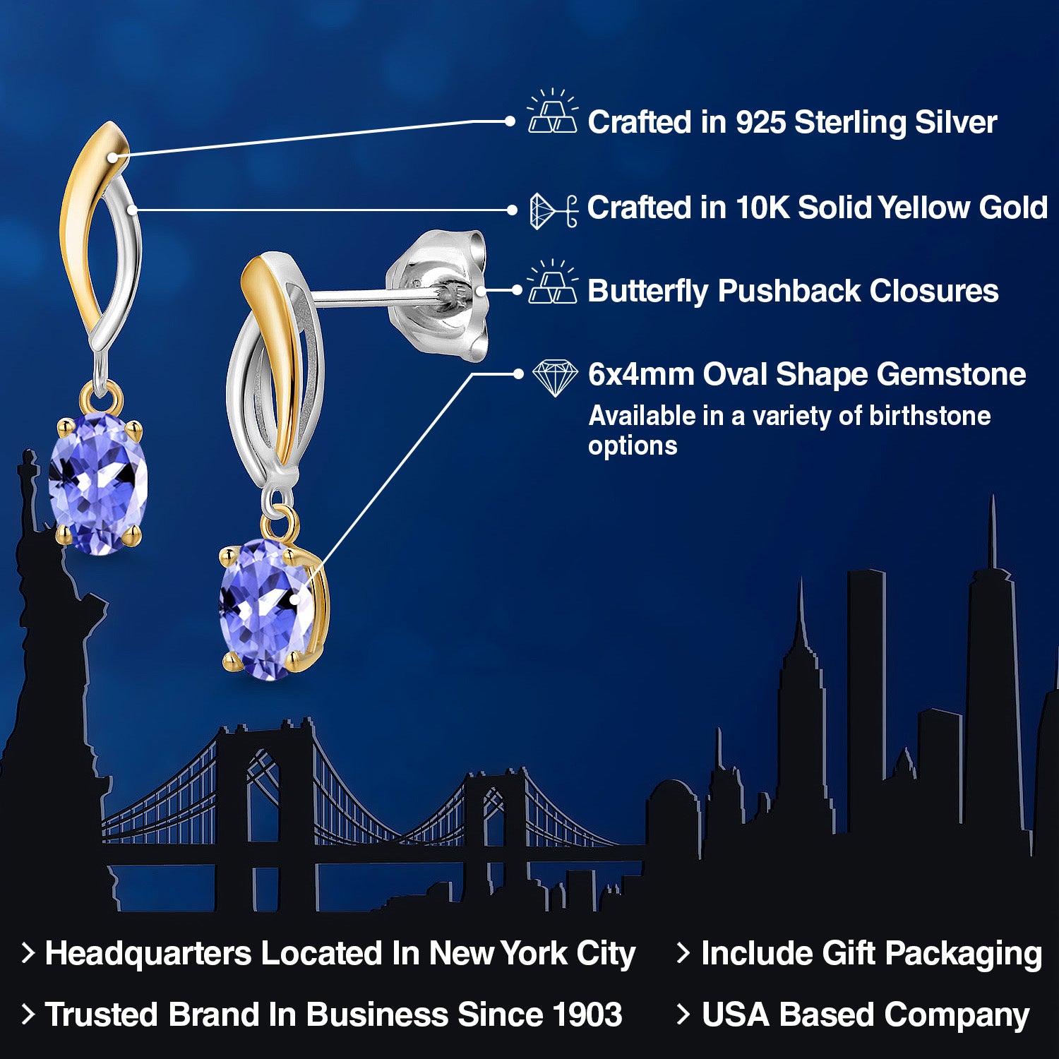 Earrings in 925 Sterling Silver and 10K Yellow Gold