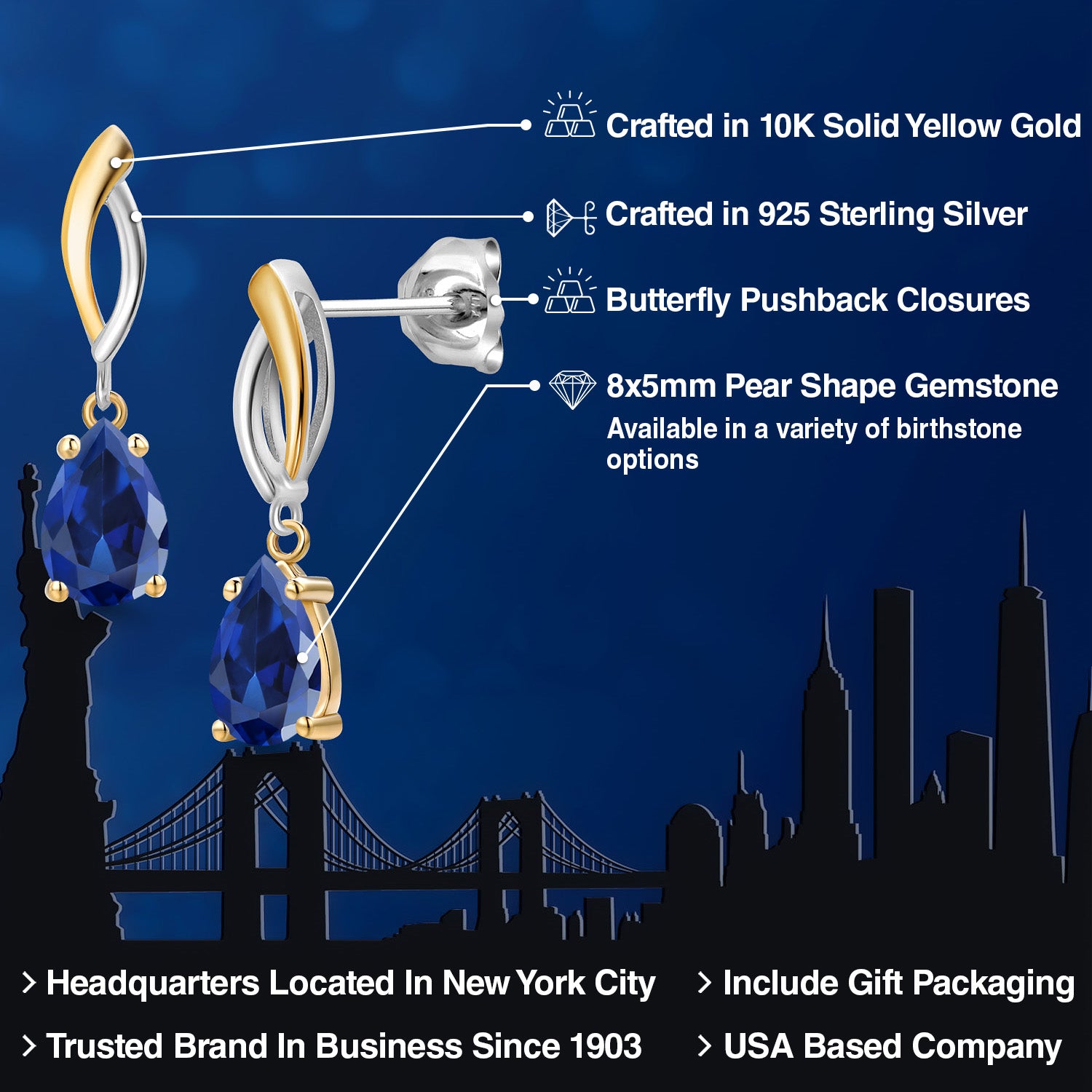 Earrings in 925 Sterling Silver and 10K Yellow Gold