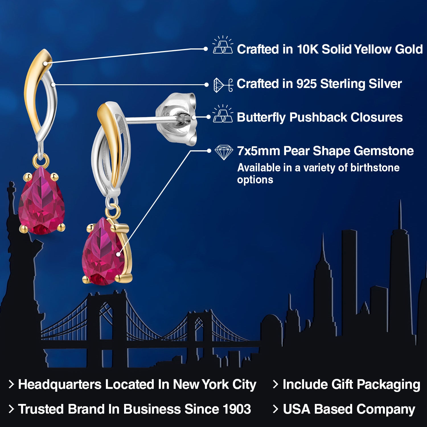 Earrings in 925 Sterling Silver and 10K Yellow Gold