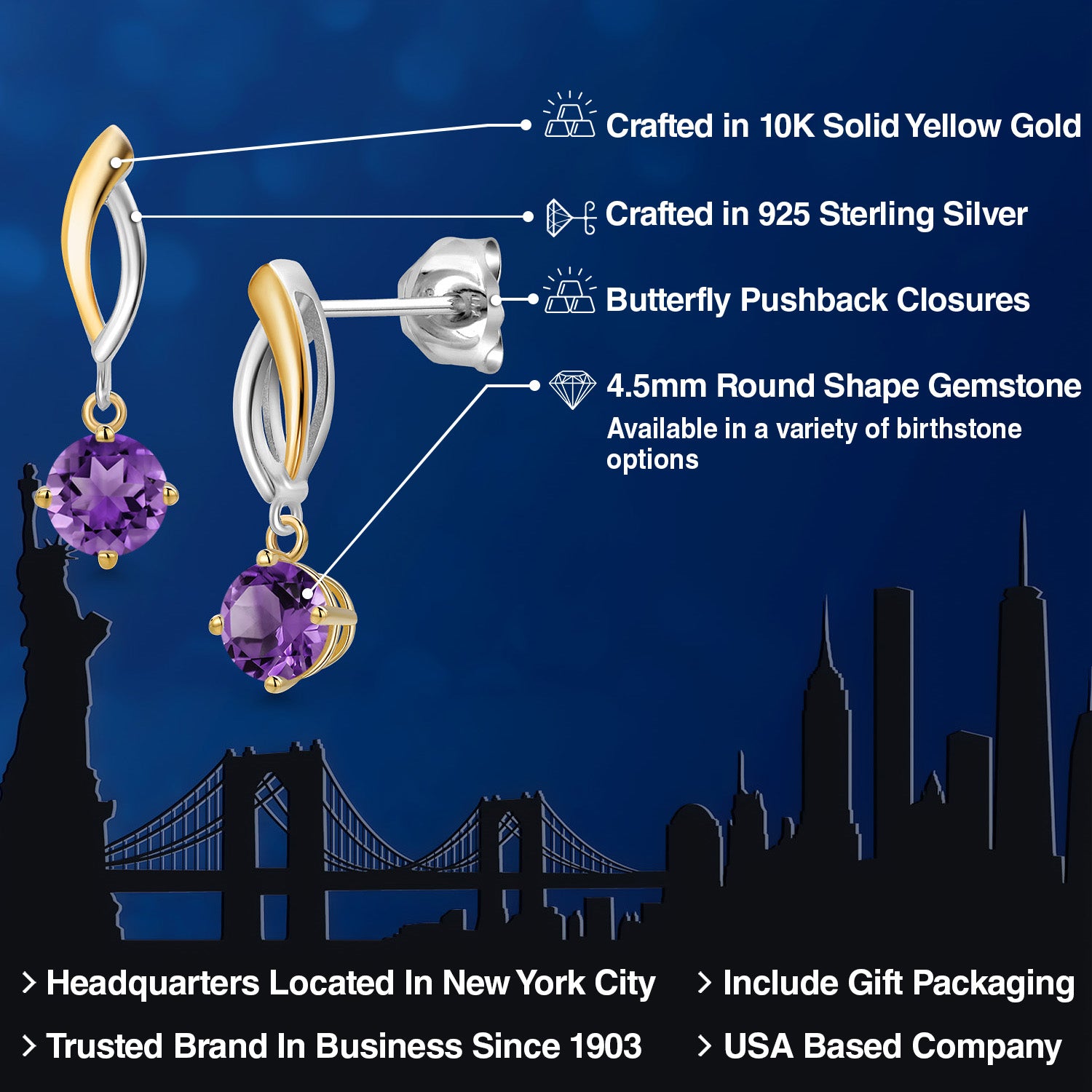 Earrings in 925 Sterling Silver and 10K Yellow Gold