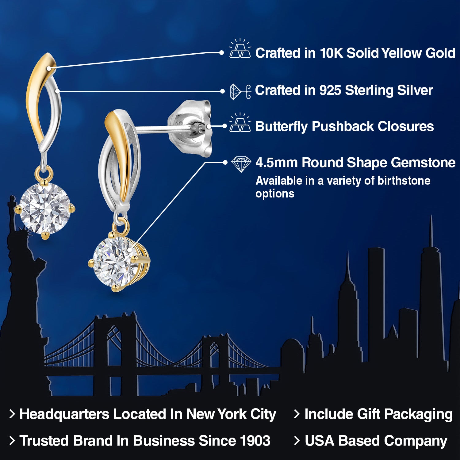 Earrings in 925 Sterling Silver and 10K Yellow Gold