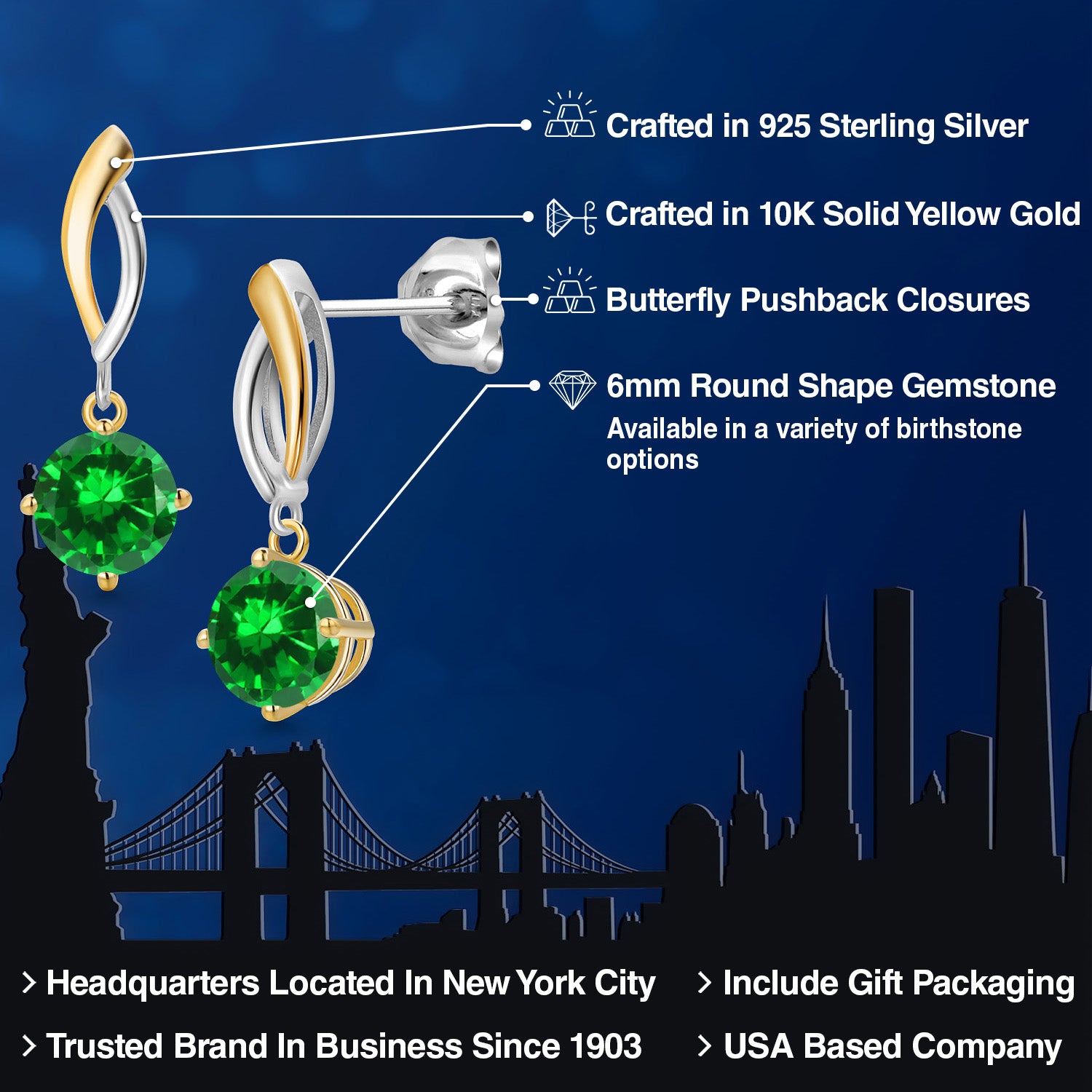 Earrings in 925 Sterling Silver and 10K Yellow Gold