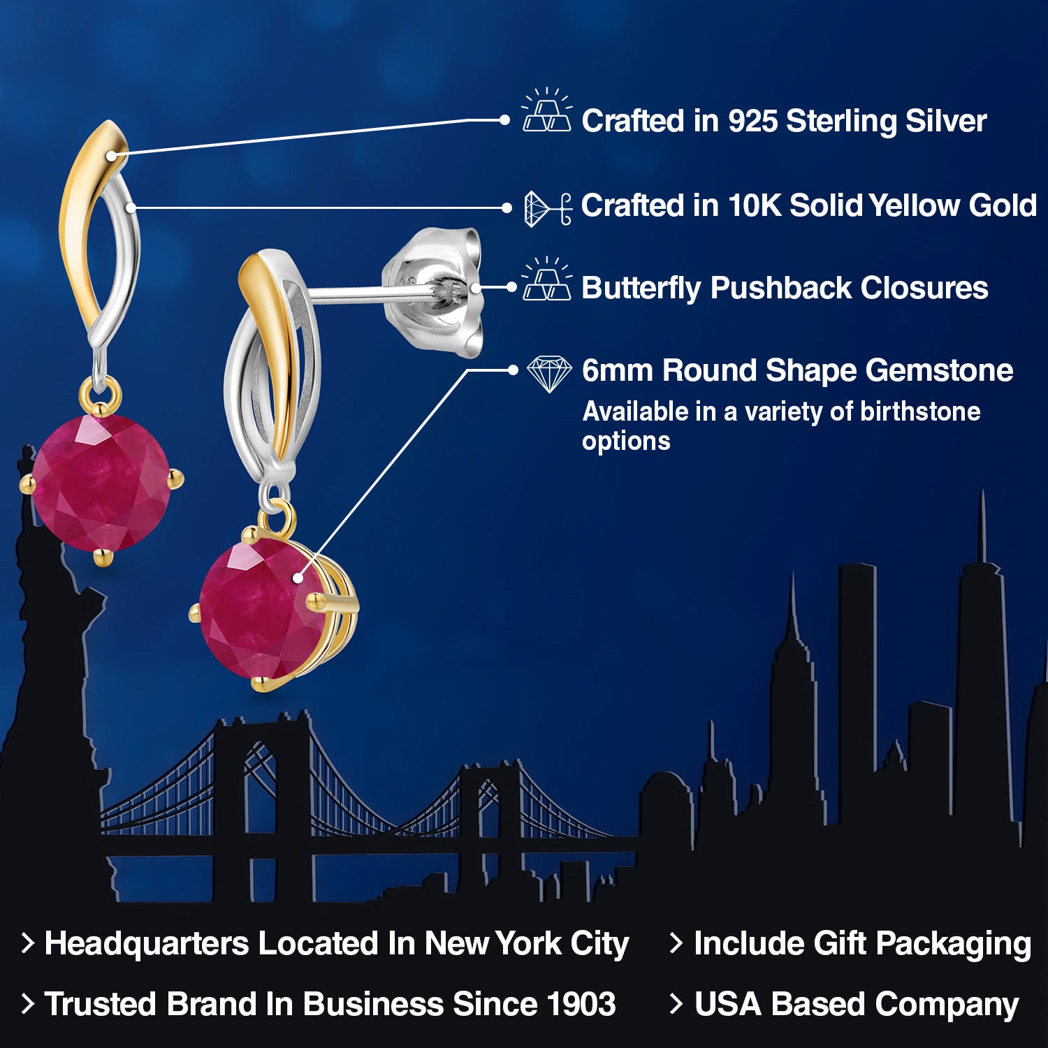 Earrings in 925 Sterling Silver and 10K Yellow Gold