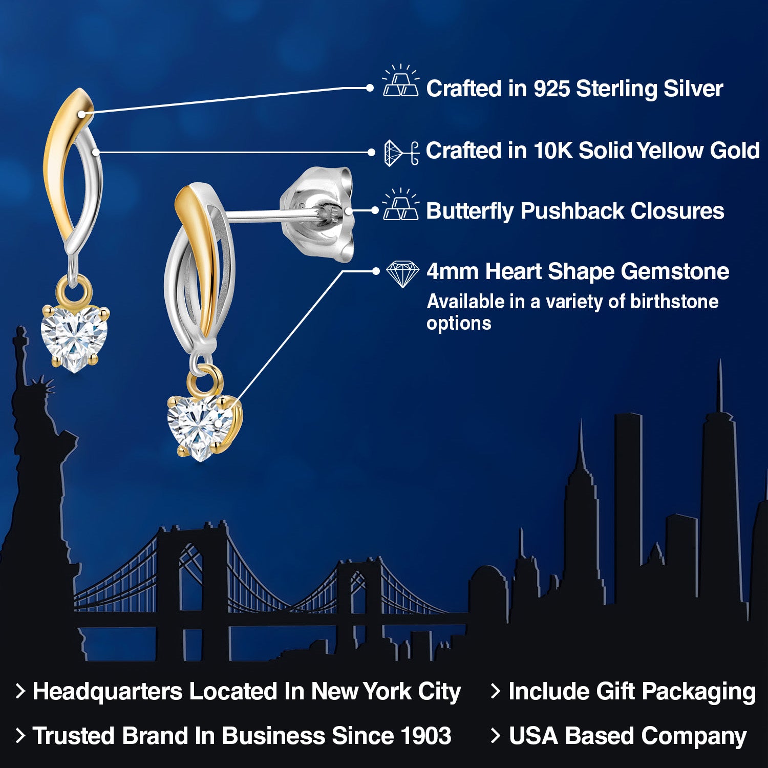 Earrings in 925 Sterling Silver and 10K Yellow Gold