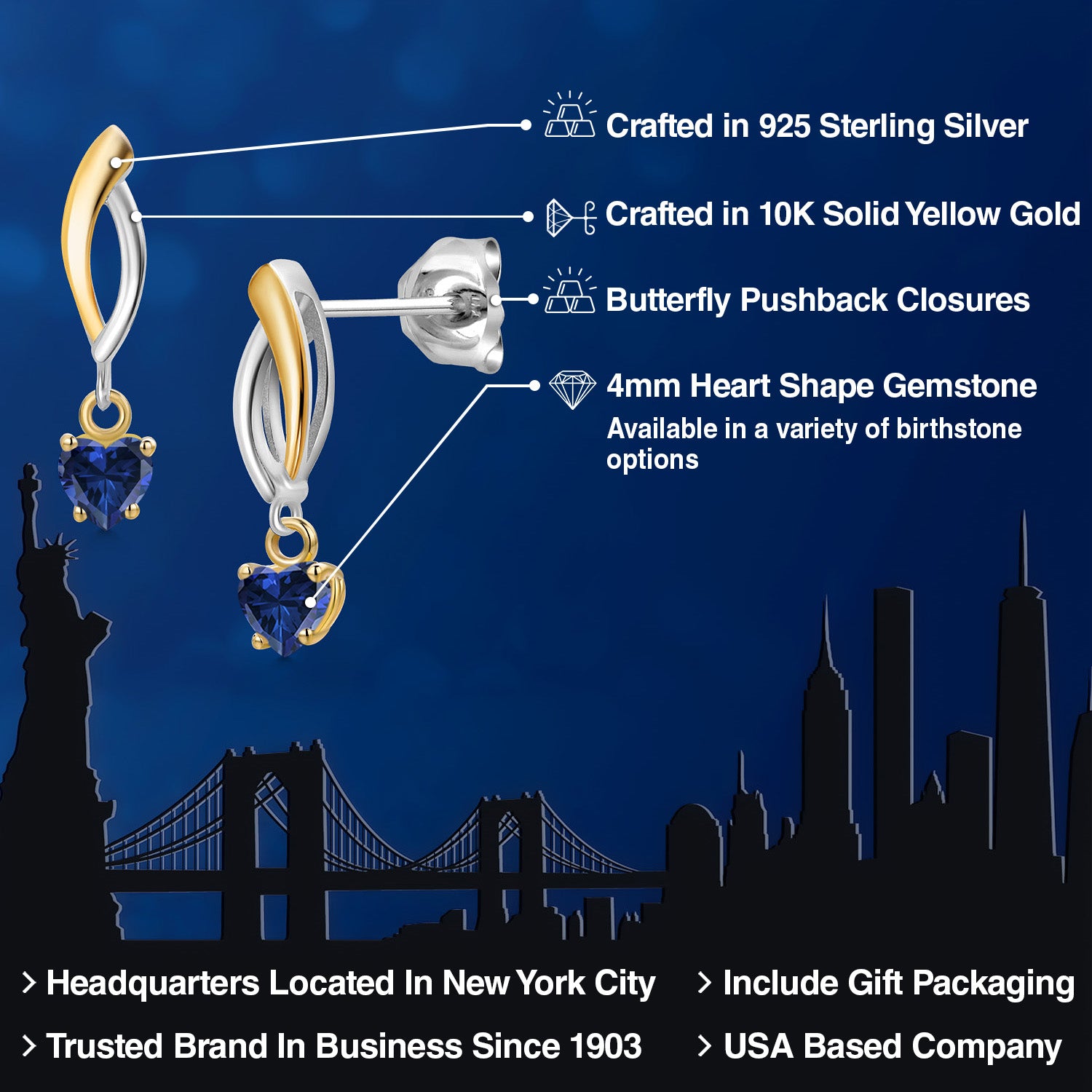 Earrings in 925 Sterling Silver and 10K Yellow Gold